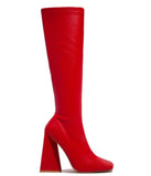 Chunky Heel Knee High Boots - Red